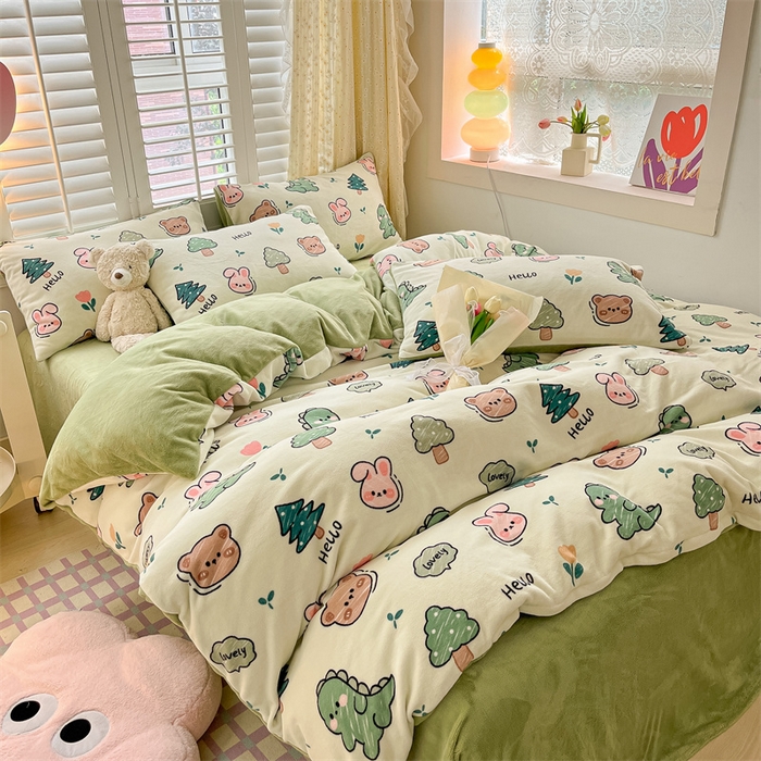 91家纺网 家纺一手货源 找家纺 如约 2025新款印花牛奶绒四件套 动物乐园