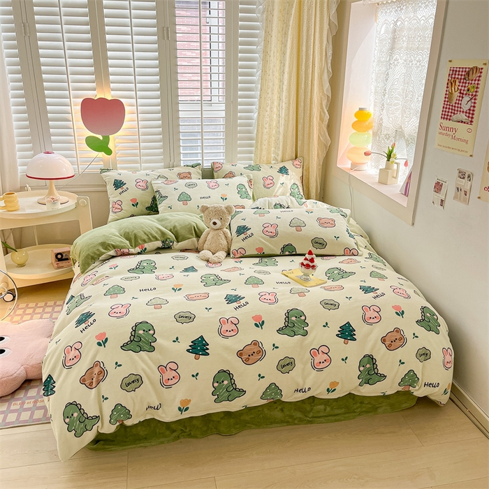 91家纺网 家纺一手货源 找家纺 如约 2025新款印花牛奶绒四件套 动物乐园