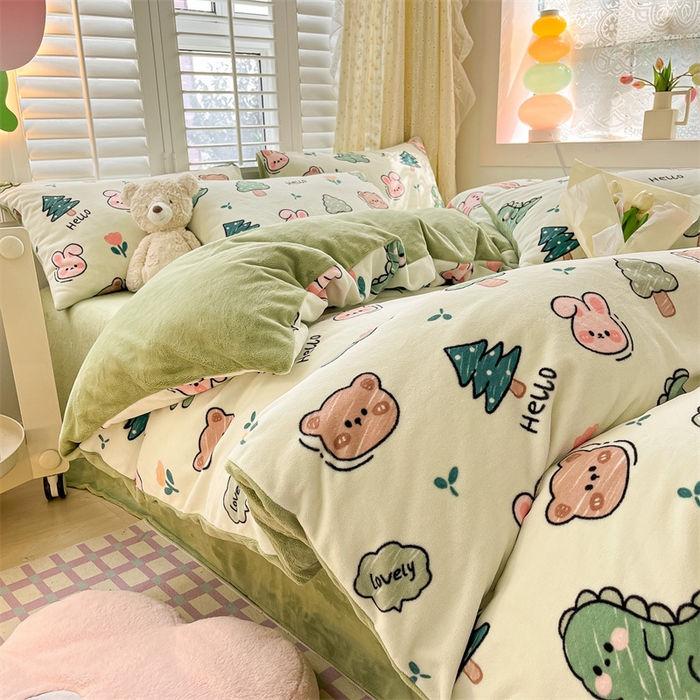 91家纺网 家纺一手货源 找家纺 如约 2025新款印花牛奶绒四件套 动物乐园