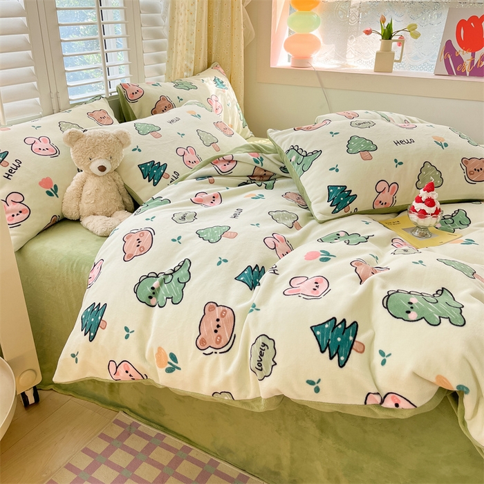 91家纺网 家纺一手货源 找家纺 如约 2025新款印花牛奶绒四件套 动物乐园