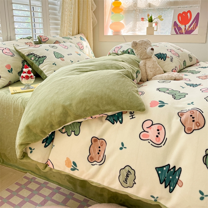 91家纺网 家纺一手货源 找家纺 如约 2025新款印花牛奶绒四件套 动物乐园