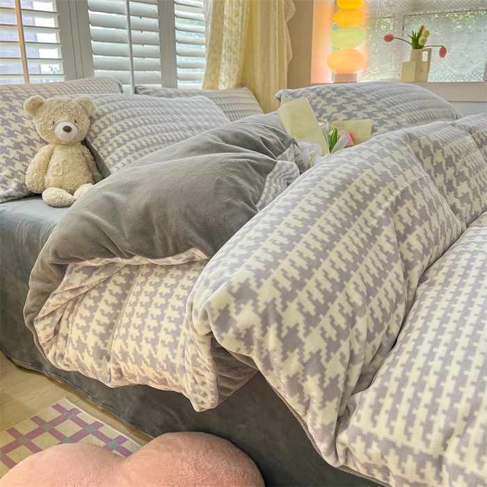 如约 2025新款印花牛奶绒四件套 千鸟格-灰