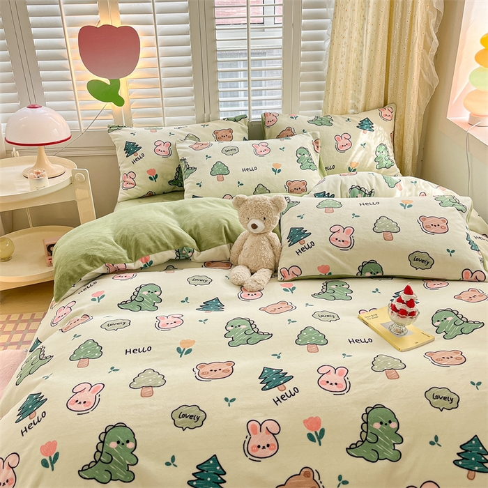 91家纺网 家纺一手货源 找家纺 如约 2025新款印花牛奶绒四件套 动物乐园