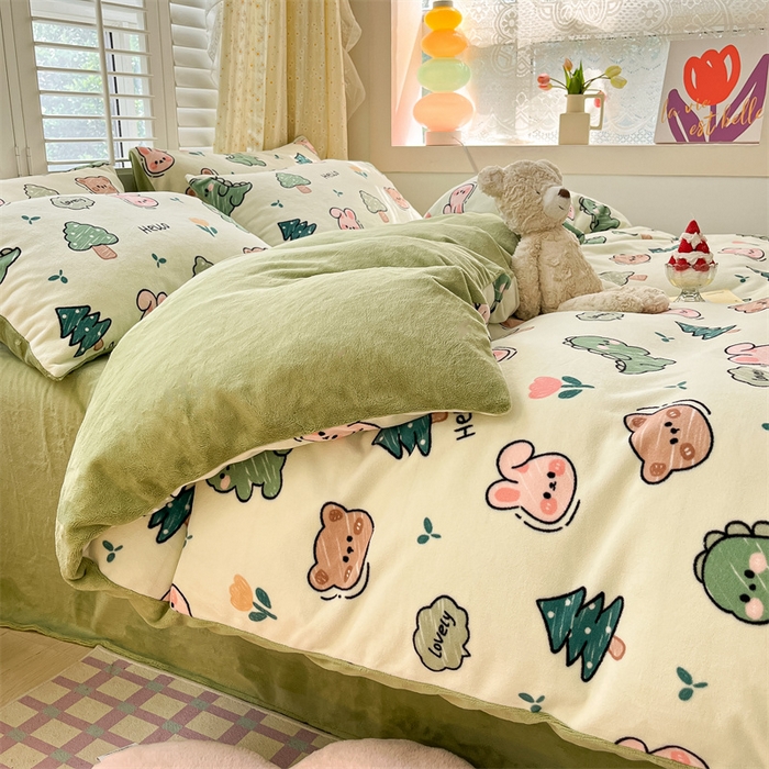 91家纺网 家纺一手货源 找家纺 如约 2025新款印花牛奶绒四件套 动物乐园