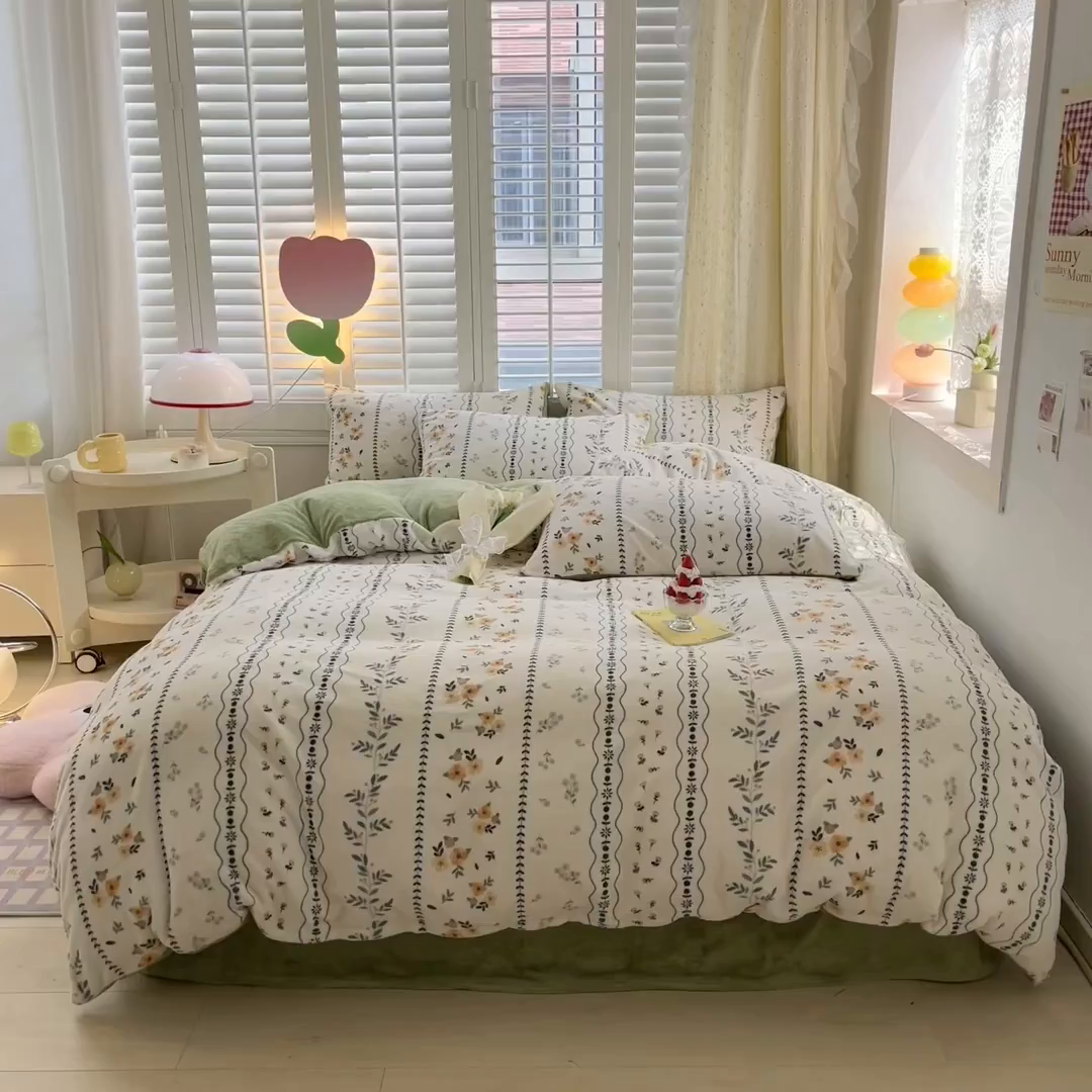 91家纺网 家纺一手货源 找家纺 如约 2025新款印花牛奶绒四件套 碧城春泥-绒