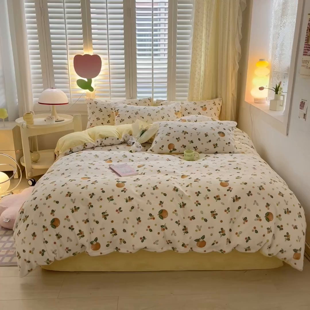 91家纺网 家纺一手货源 找家纺 如约 2025新款印花牛奶绒四件套 砂糖橘-绒