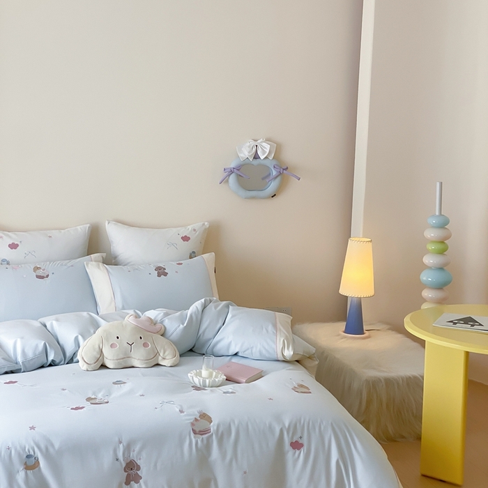 91家纺网 家纺一手货源 找家纺 MIU缪家居 2025新款100支全棉纯棉磨毛贴布绣四件套-萌宠派对 萌宠派对-奶油蓝