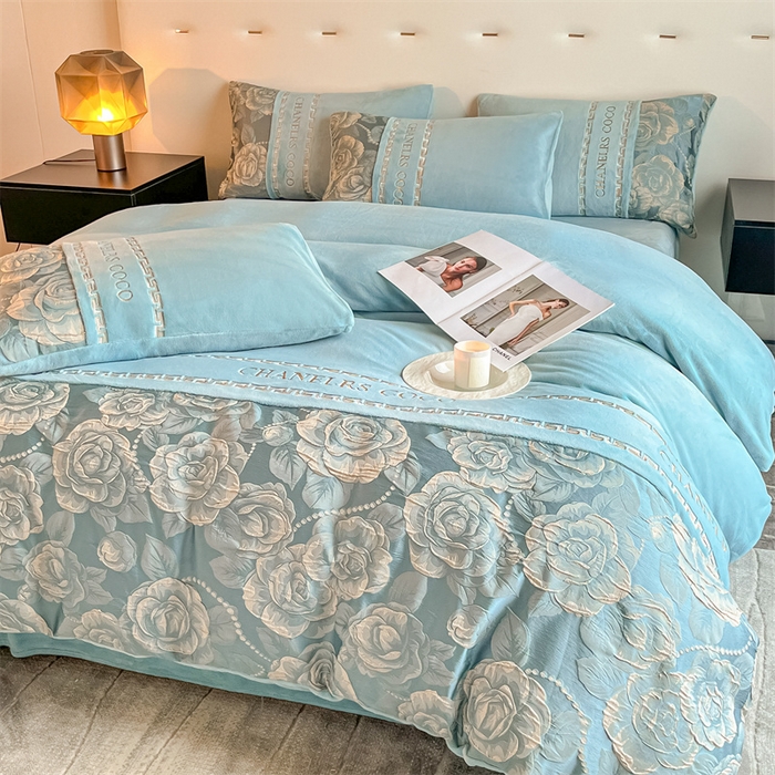 如约 2025新款高织提花牛奶绒刺绣拼接款四件套 罗密欧-蓝