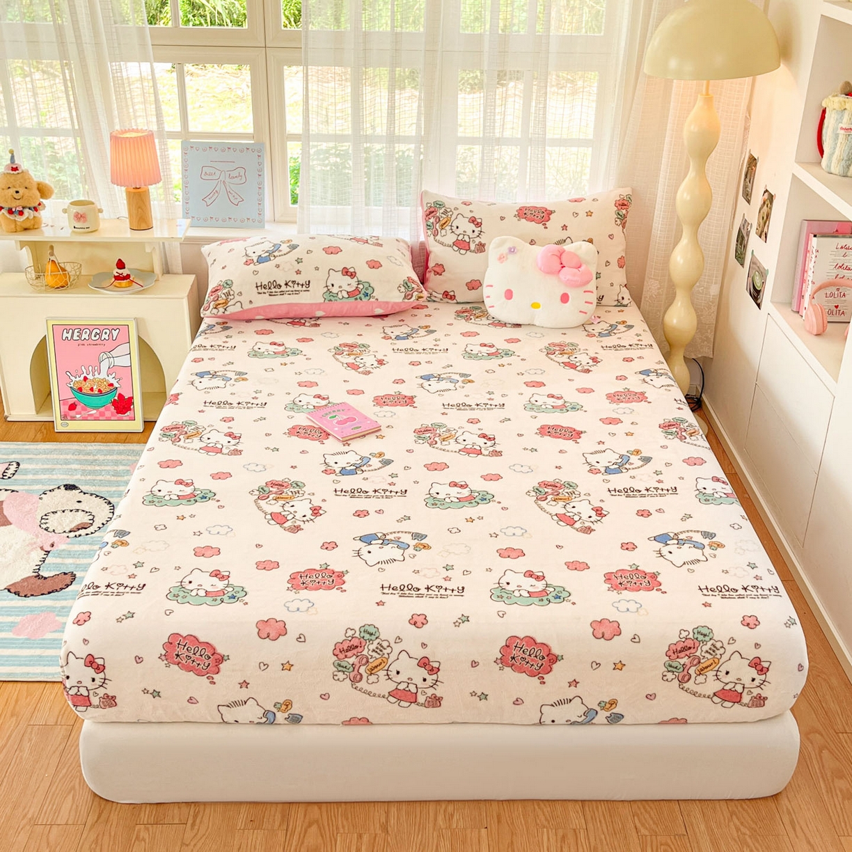 博雅 2025新款三丽鸥牛奶绒小版床笠 牛奶绒小版-幸福KT猫