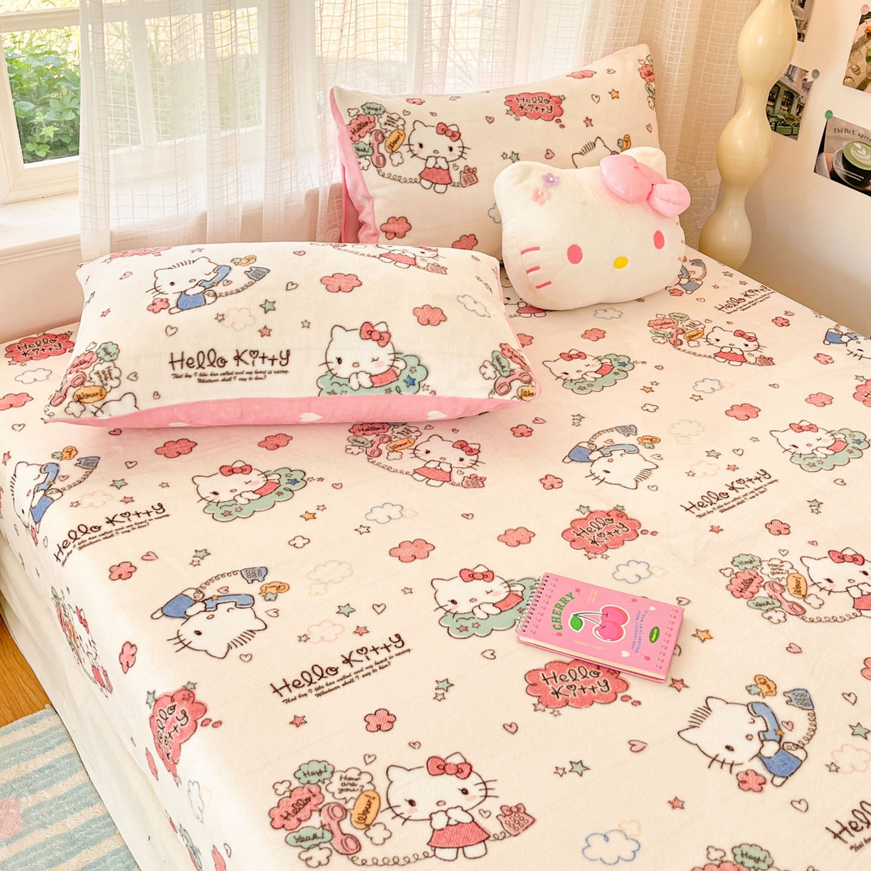 91家纺网 家纺一手货源 找家纺 博雅 2025新款三丽鸥牛奶绒小版床笠 牛奶绒小版-幸福KT猫