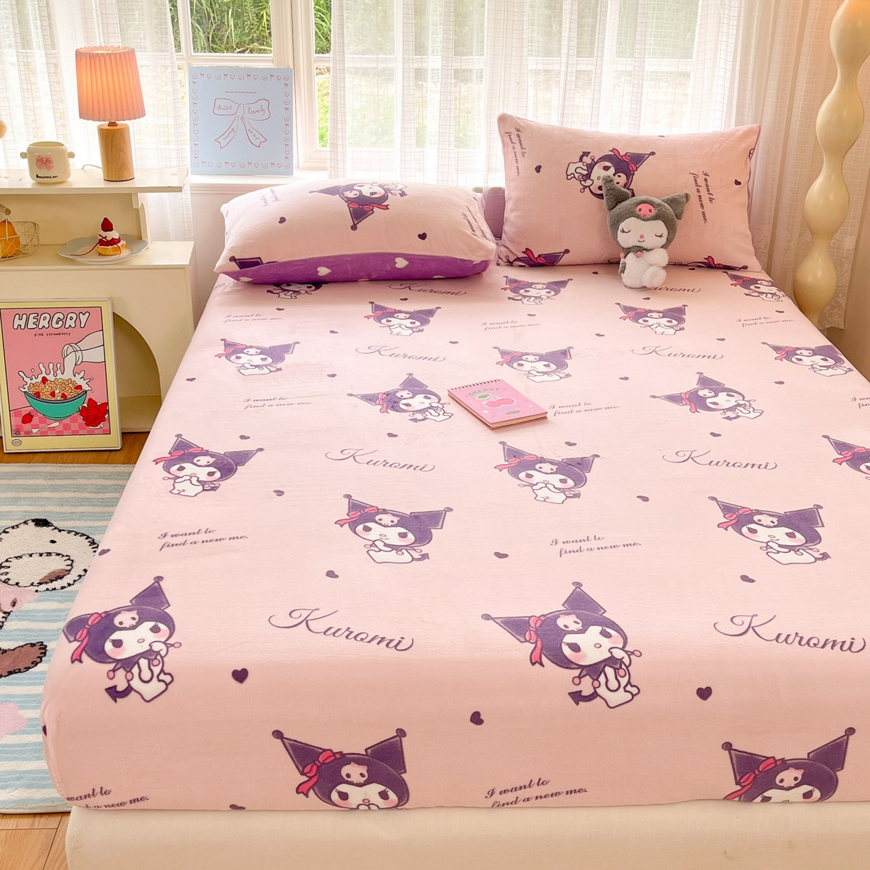 91家纺网 家纺一手货源 找家纺 博雅 2025新款三丽鸥牛奶绒小版床笠 牛奶绒小版-库洛米之心