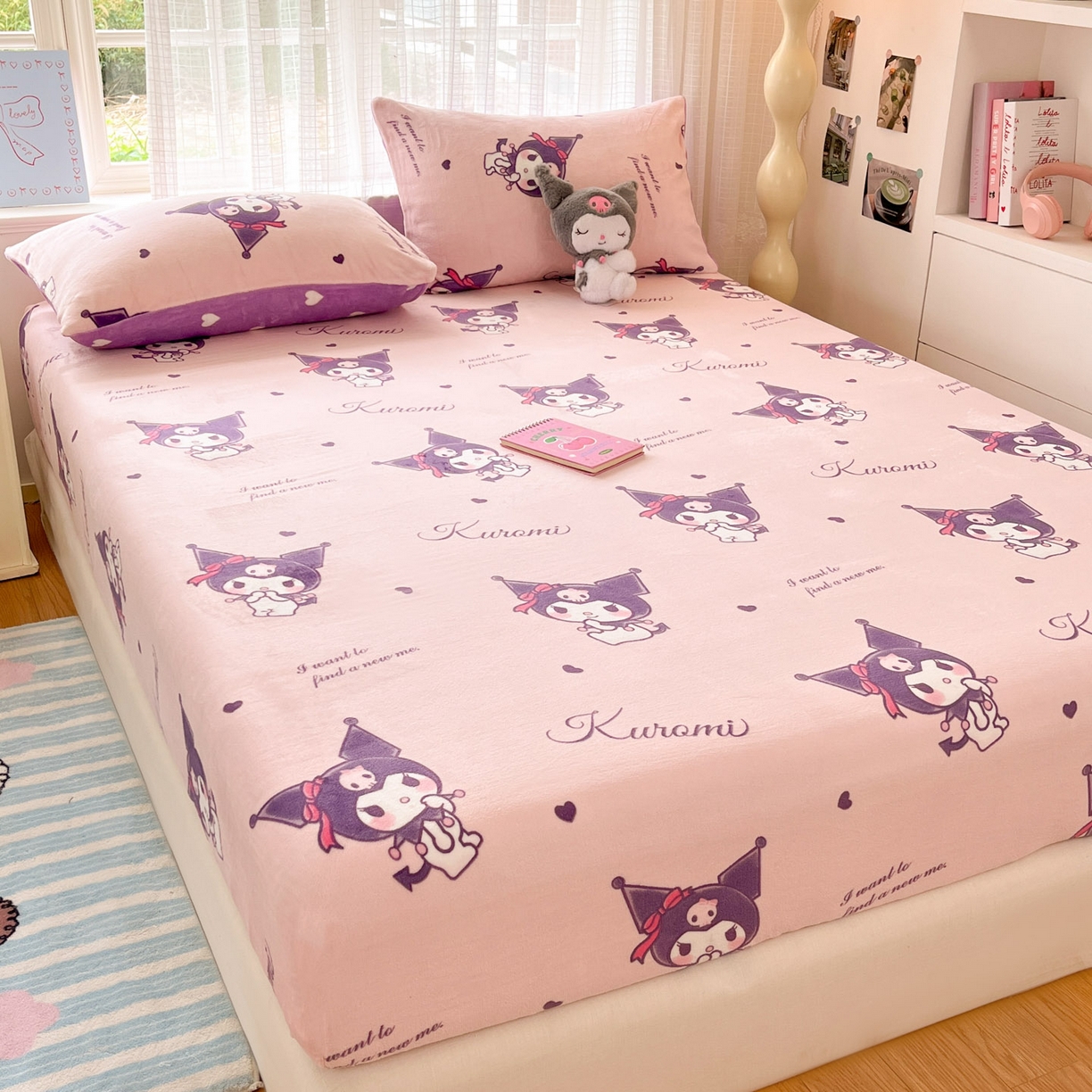 91家纺网 家纺一手货源 找家纺 博雅 2025新款三丽鸥牛奶绒小版床笠 牛奶绒小版-库洛米之心