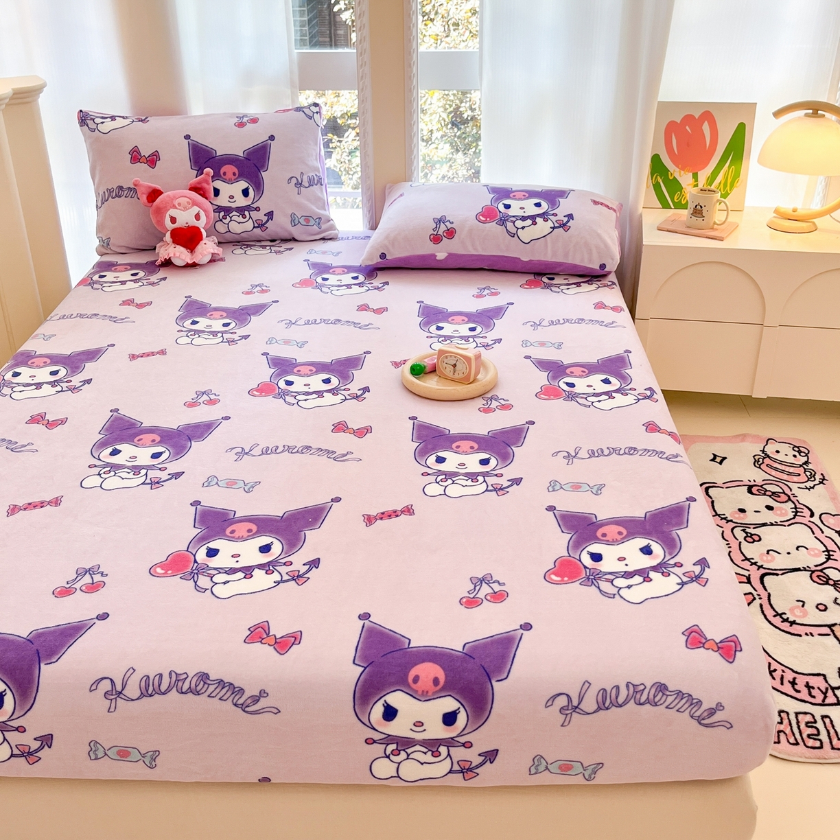 91家纺网 家纺一手货源 找家纺 博雅 2025新款三丽鸥牛奶绒小版床笠 牛奶绒单笠-新紫色库洛米