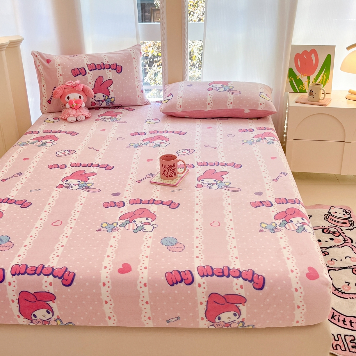 91家纺网 家纺一手货源 找家纺 博雅 2025新款三丽鸥牛奶绒小版床笠 牛奶绒单笠-贪吃美乐蒂