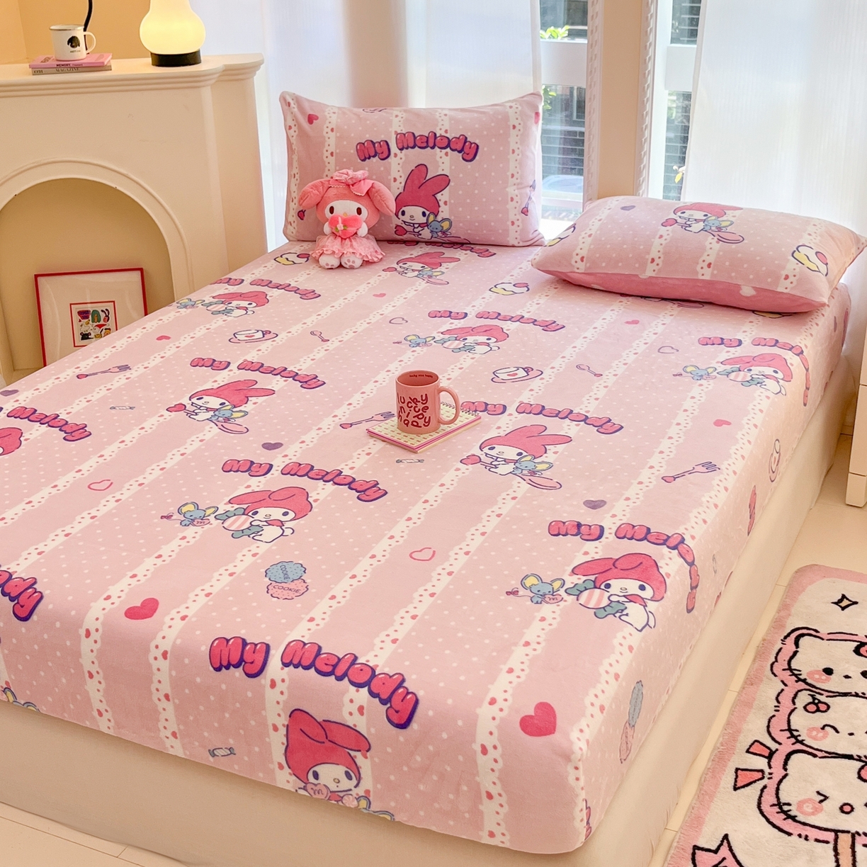 91家纺网 家纺一手货源 找家纺 博雅 2025新款三丽鸥牛奶绒小版床笠 牛奶绒单笠-贪吃美乐蒂