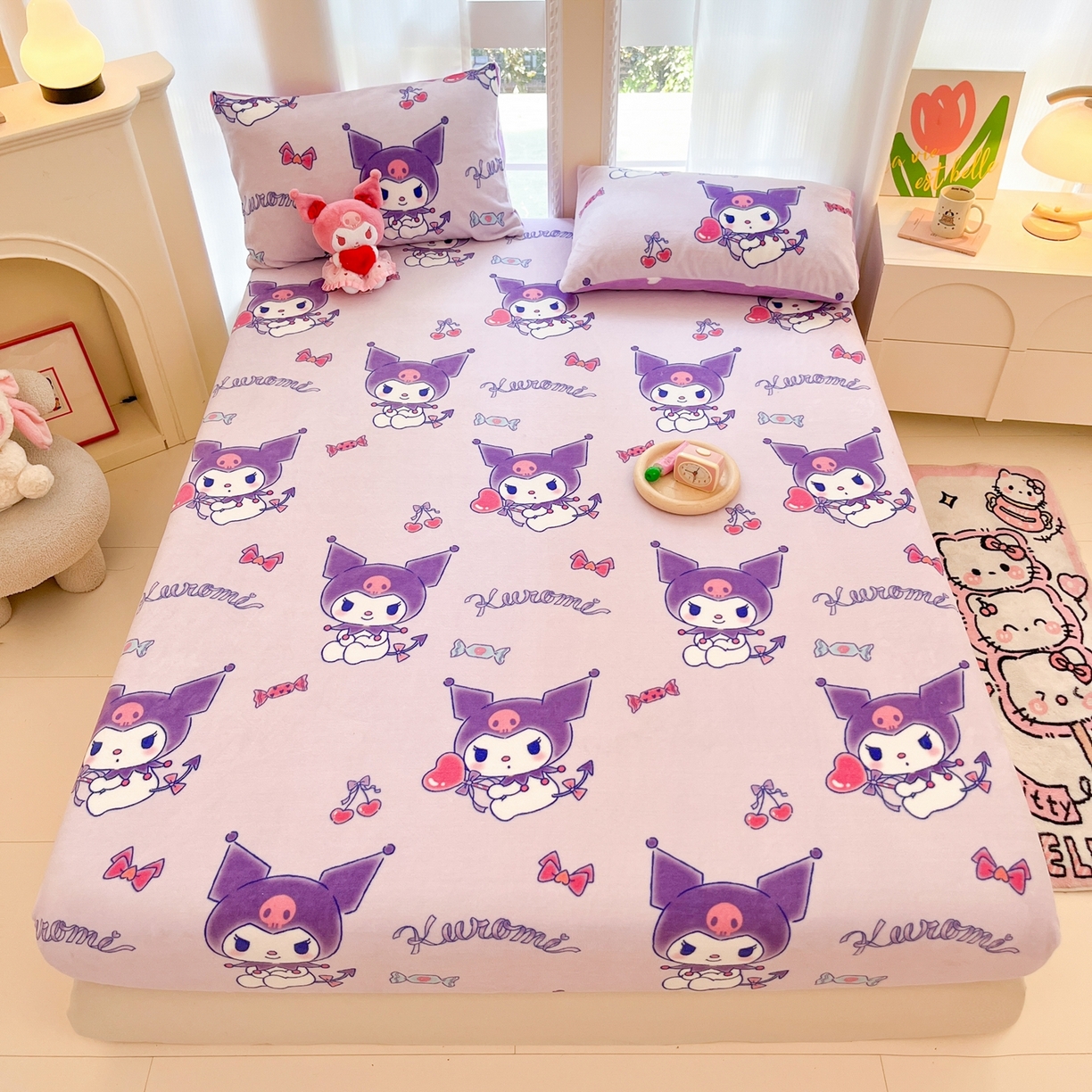 91家纺网 家纺一手货源 找家纺 博雅 2025新款三丽鸥牛奶绒小版床笠 牛奶绒单笠-新紫色库洛米