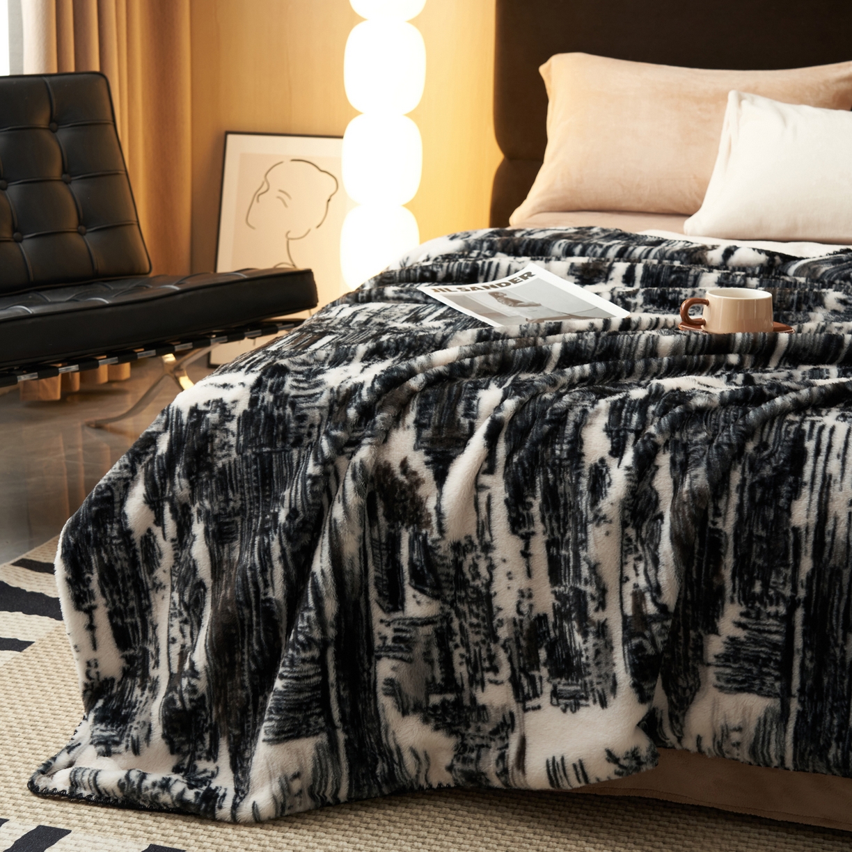 91家纺网 家纺一手货源 找家纺 晨曦家纺 2025新款兔毛绒海獭绒双层毛毯三角针复合毛毯 西城印象-灰