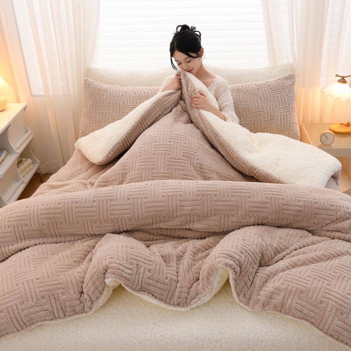 91家纺网 家纺一手货源 找家纺 圣楚家纺 2025新款塔芙绒羊羔绒冬被被子被芯 卡其