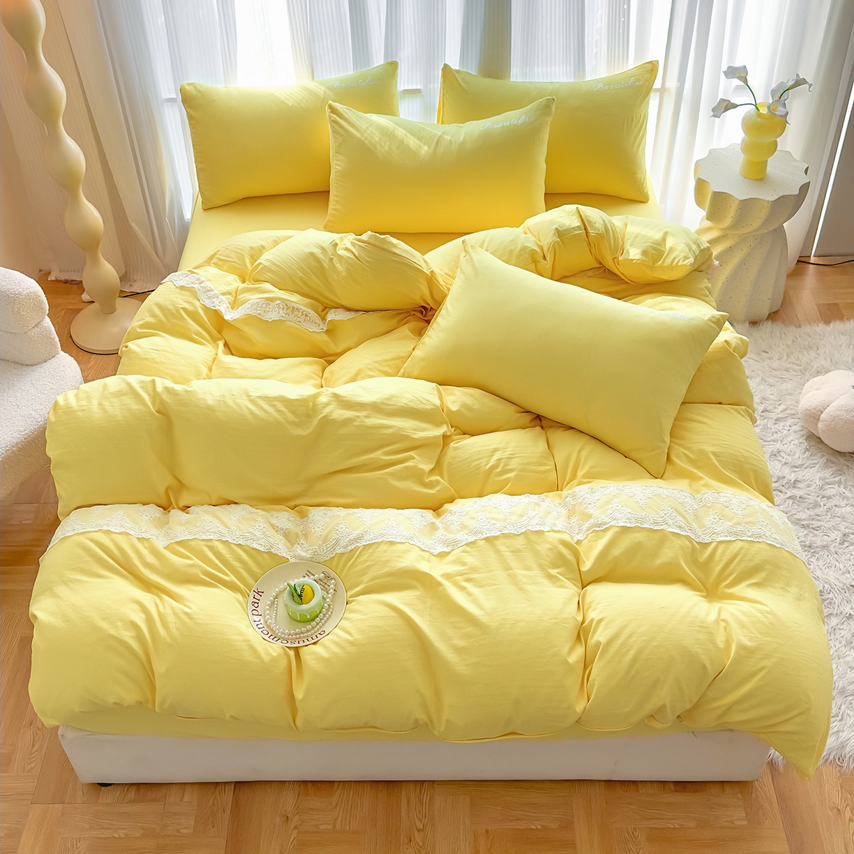 91家纺网 家纺一手货源 找家纺 灿哈 2025新款烫钻蕾丝花边水洗棉四件套 柠檬黄