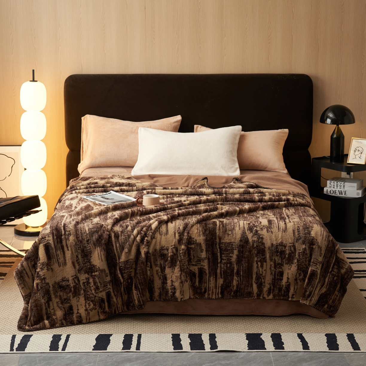 91家纺网 家纺一手货源 找家纺 晨曦家纺 2025新款兔毛绒海獭绒双层毛毯三角针复合毛毯 西城印象-咖