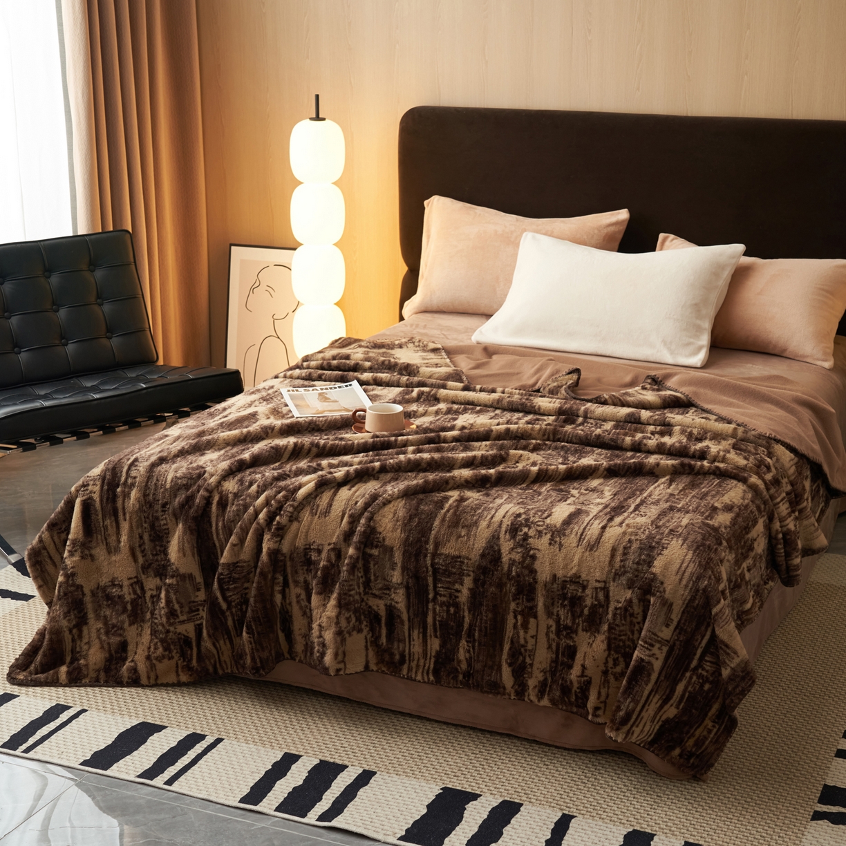 91家纺网 家纺一手货源 找家纺 晨曦家纺 2025新款兔毛绒海獭绒双层毛毯三角针复合毛毯 西城印象-咖