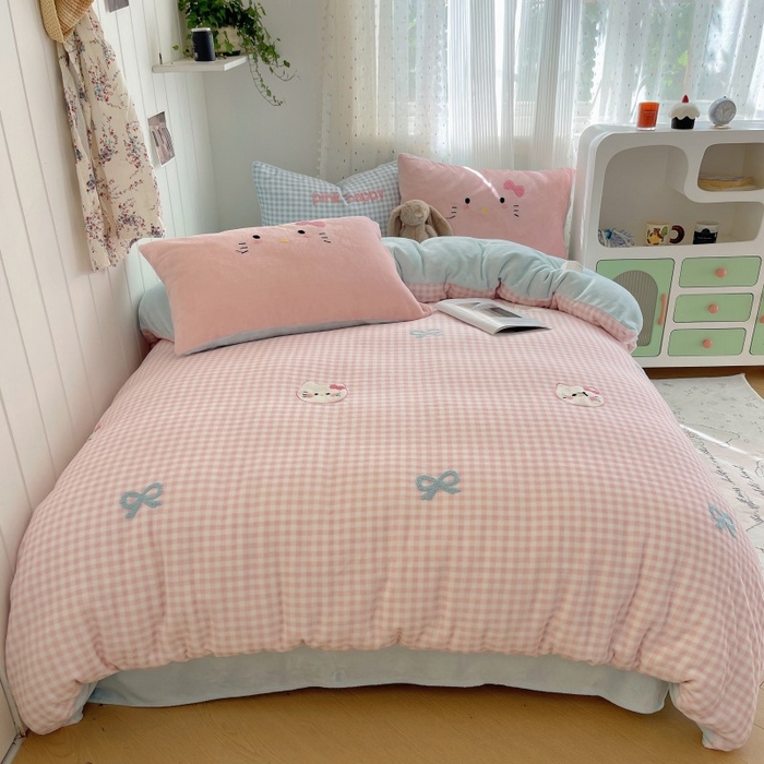 （总）顾里家纺 2025新款格子猫咪毛巾绣牛奶绒套件