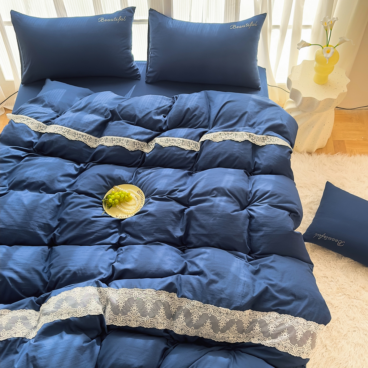 91家纺网 家纺一手货源 找家纺 （总）灿哈 2025新款烫钻蕾丝花边水洗棉四件套