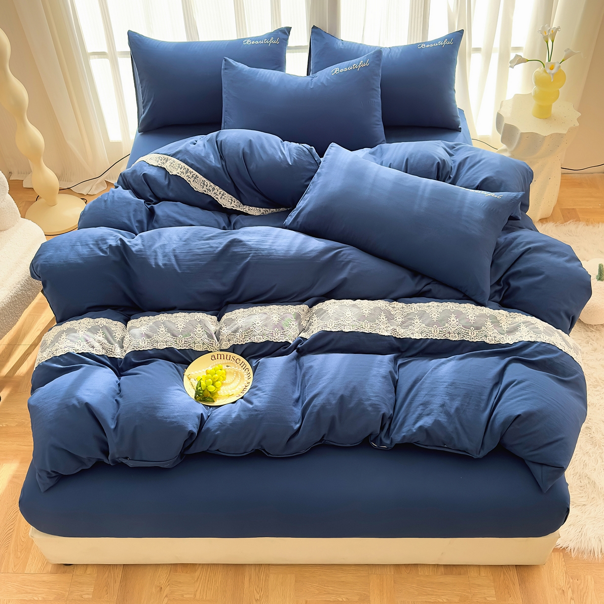 91家纺网 家纺一手货源 找家纺 （总）灿哈 2025新款烫钻蕾丝花边水洗棉四件套