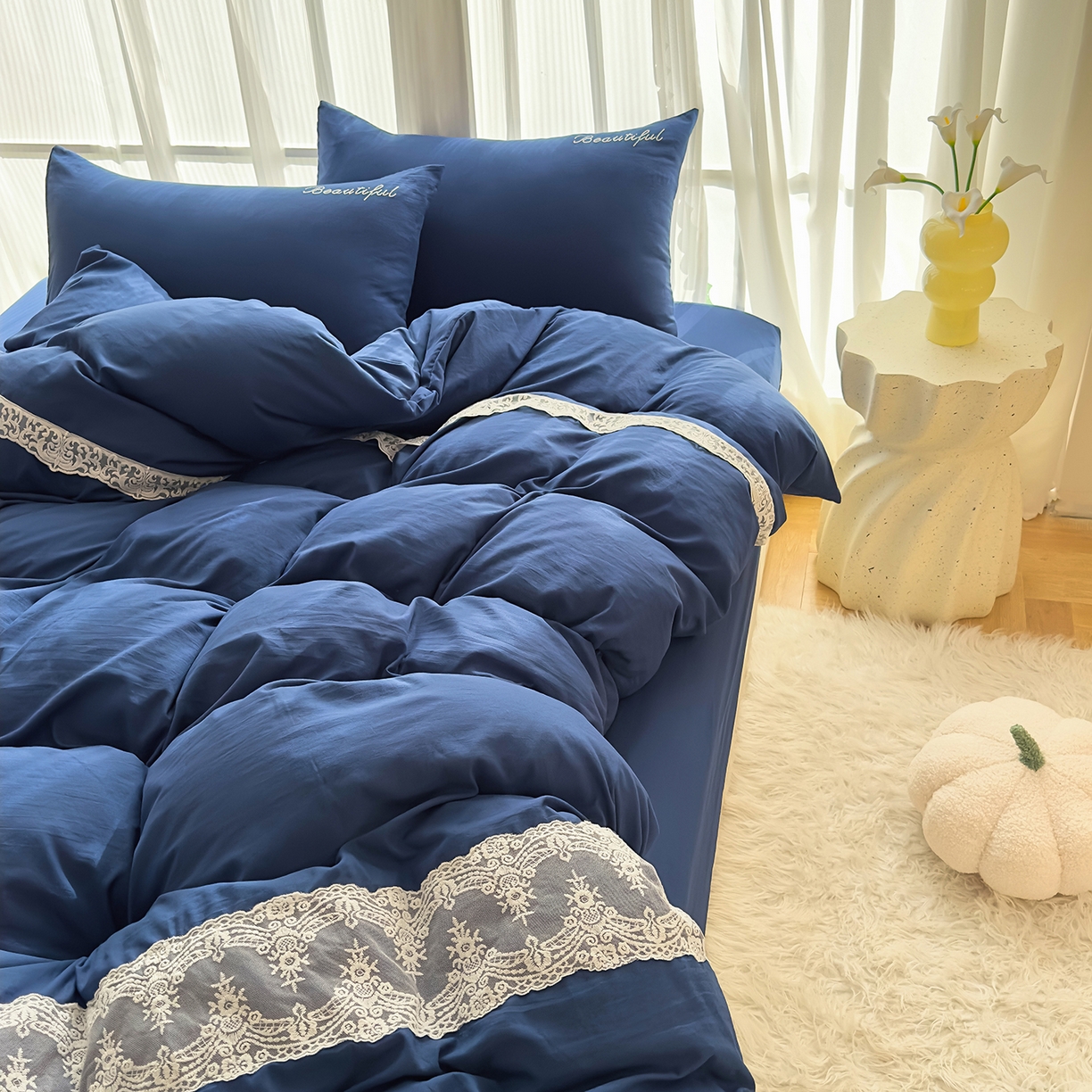 91家纺网 家纺一手货源 找家纺 （总）灿哈 2025新款烫钻蕾丝花边水洗棉四件套