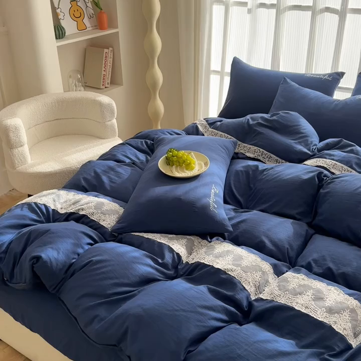 91家纺网 家纺一手货源 找家纺 （总）灿哈 2025新款烫钻蕾丝花边水洗棉四件套