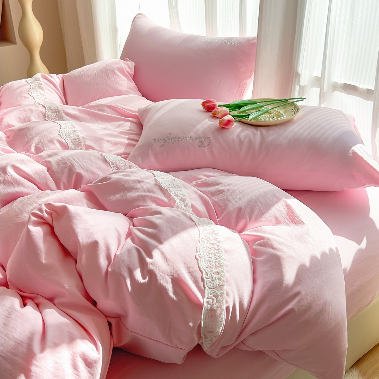 91家纺网 家纺一手货源 找家纺 灿哈 2025新款烫钻蕾丝花边水洗棉四件套 公主玉