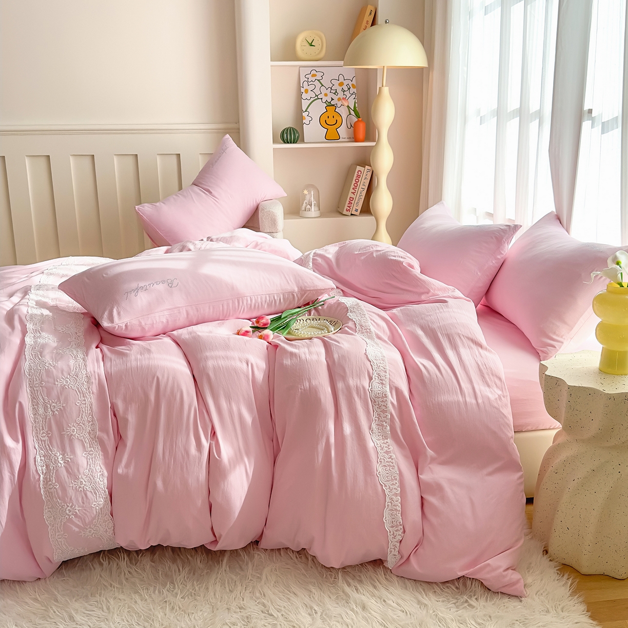 91家纺网 家纺一手货源 找家纺 灿哈 2025新款烫钻蕾丝花边水洗棉四件套 公主玉