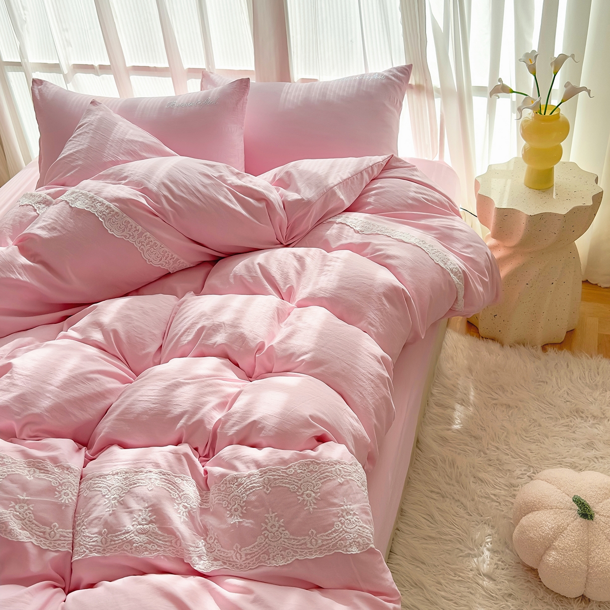 91家纺网 家纺一手货源 找家纺 灿哈 2025新款烫钻蕾丝花边水洗棉四件套 公主玉