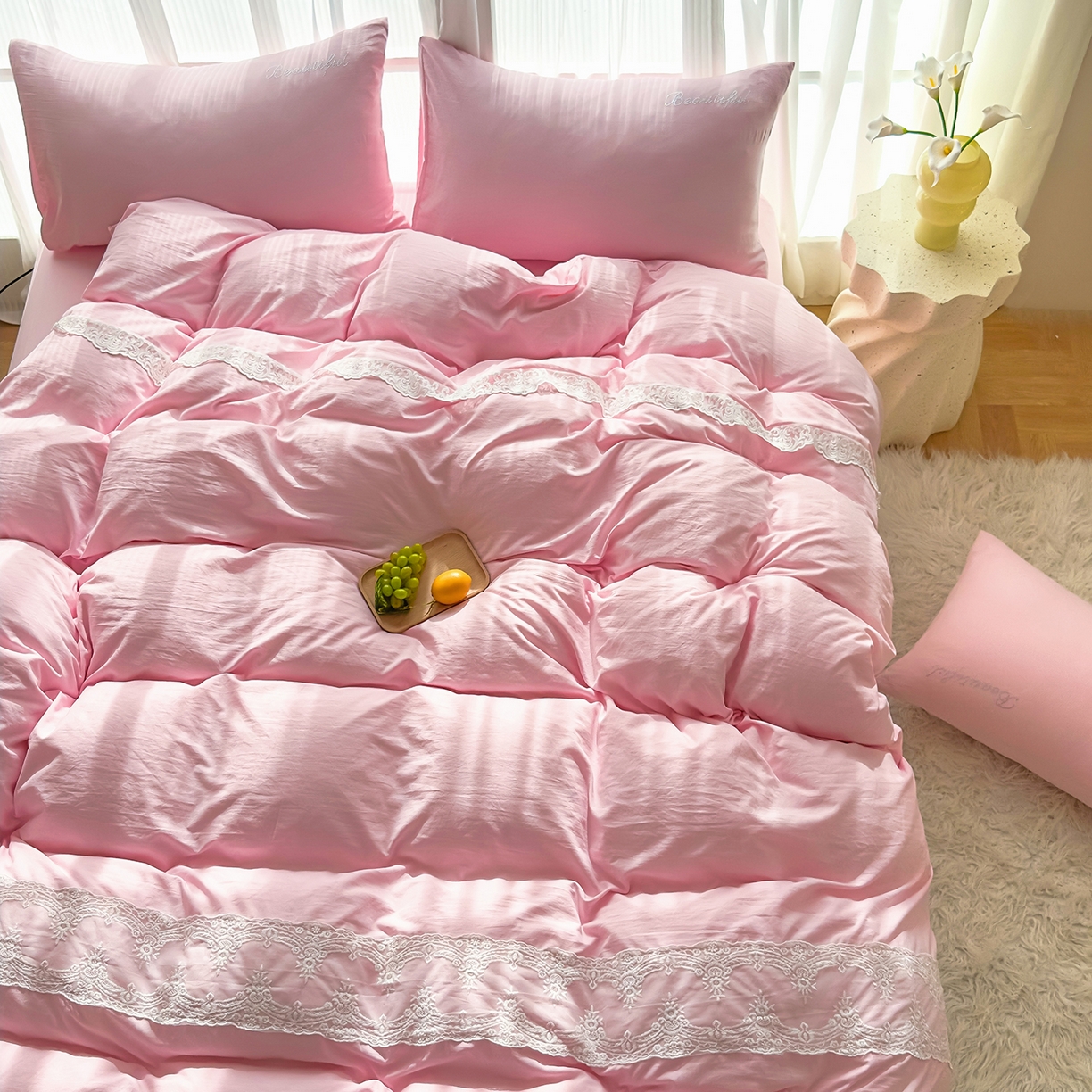 91家纺网 家纺一手货源 找家纺 灿哈 2025新款烫钻蕾丝花边水洗棉四件套 公主玉