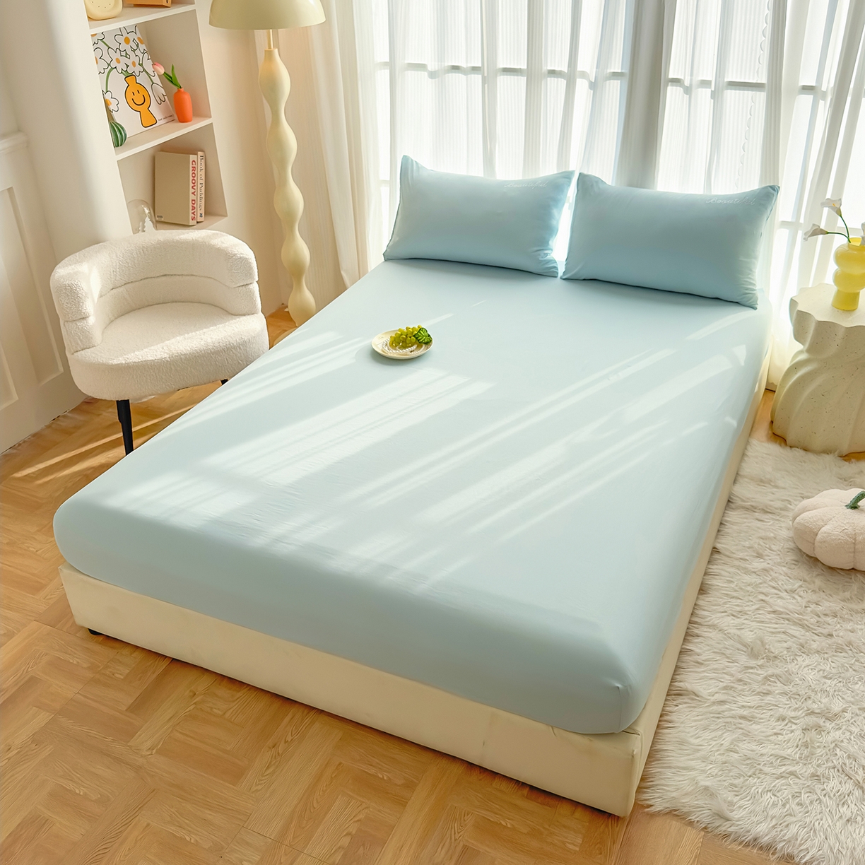 91家纺网 家纺一手货源 找家纺 灿哈 2025新款烫钻蕾丝花边水洗棉四件套 海水蓝