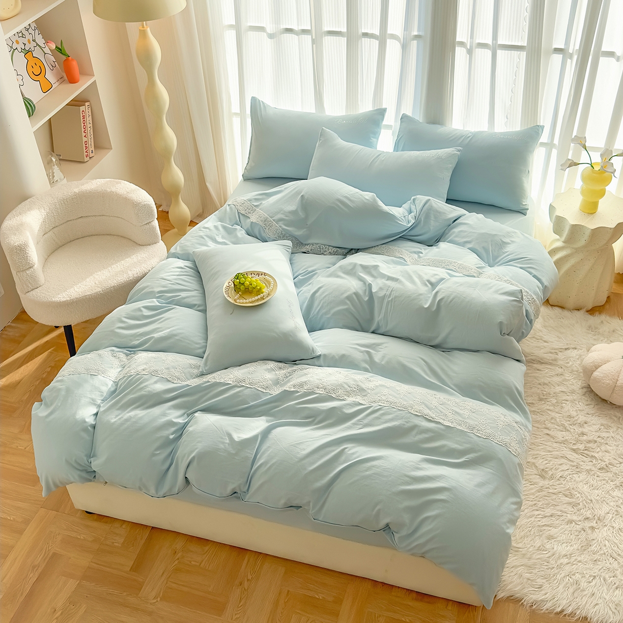 91家纺网 家纺一手货源 找家纺 灿哈 2025新款烫钻蕾丝花边水洗棉四件套 海水蓝