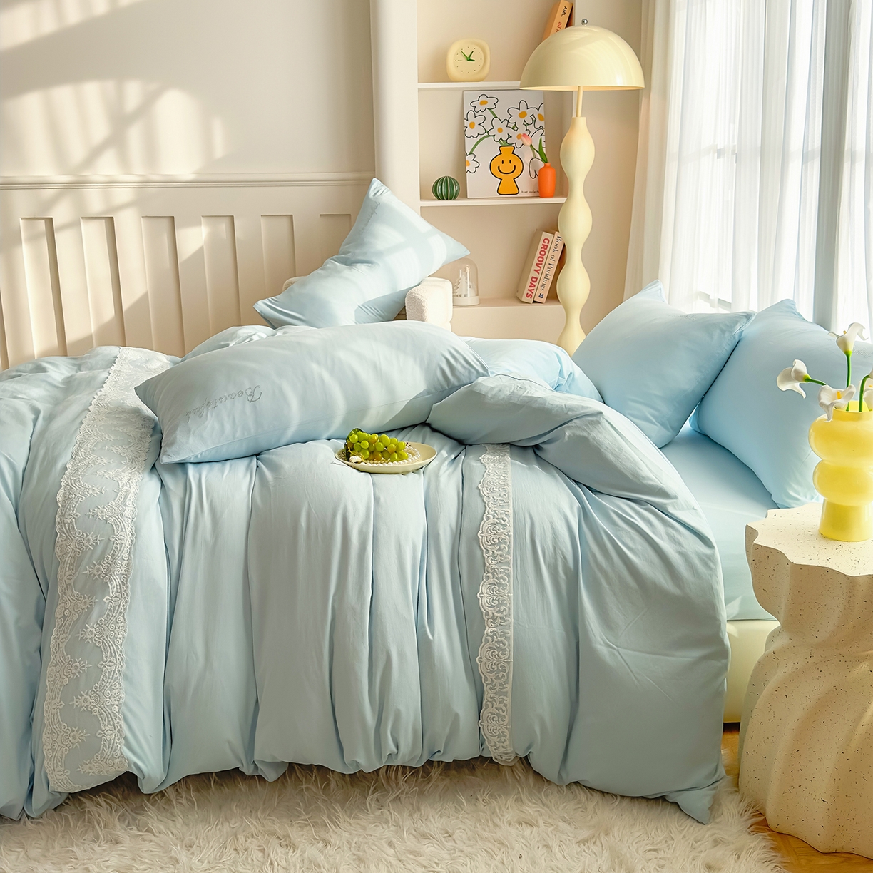 91家纺网 家纺一手货源 找家纺 灿哈 2025新款烫钻蕾丝花边水洗棉四件套 海水蓝