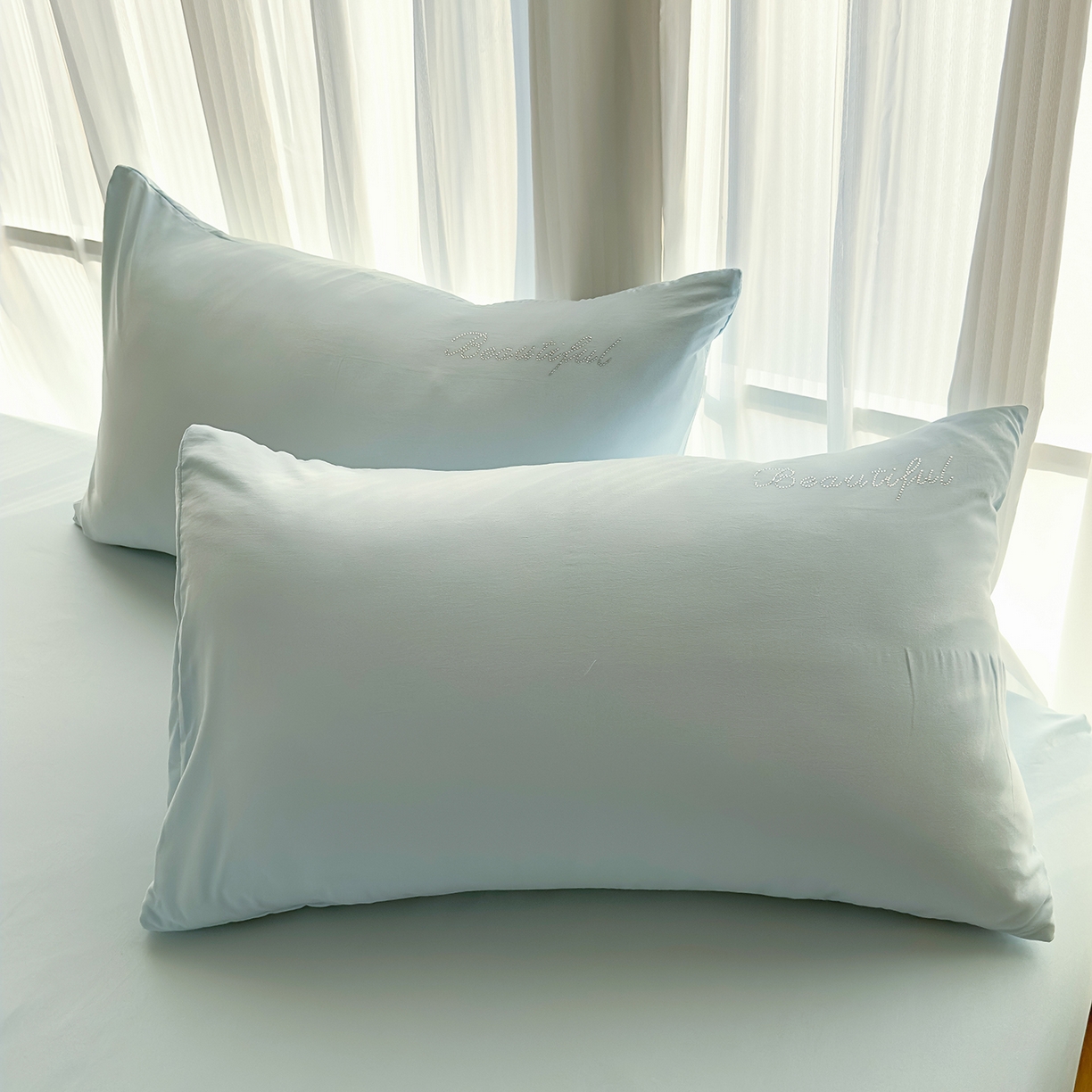 91家纺网 家纺一手货源 找家纺 灿哈 2025新款烫钻蕾丝花边水洗棉四件套 海水蓝