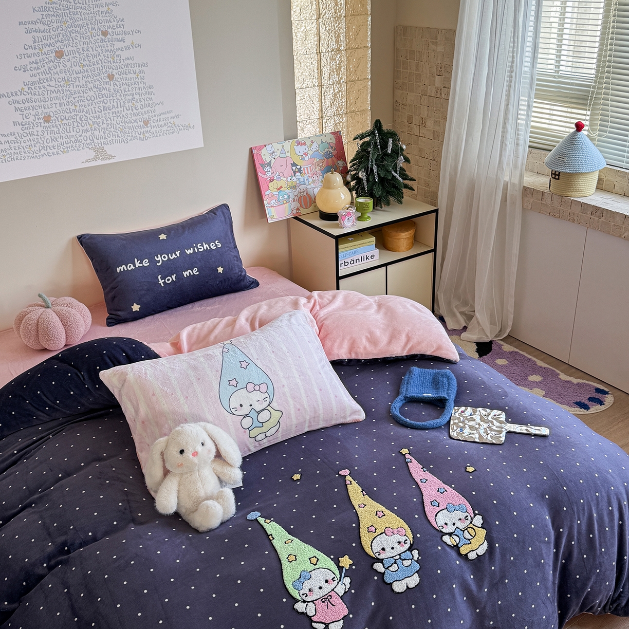 91家纺网 家纺一手货源 找家纺 美乐迪家纺 2025新款牛奶绒卡通绣花四件套 天使猫咪