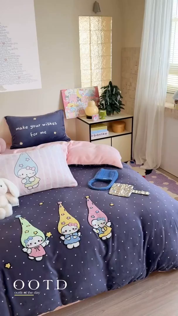 91家纺网 家纺一手货源 找家纺 美乐迪家纺 2025新款牛奶绒卡通绣花四件套 天使猫咪