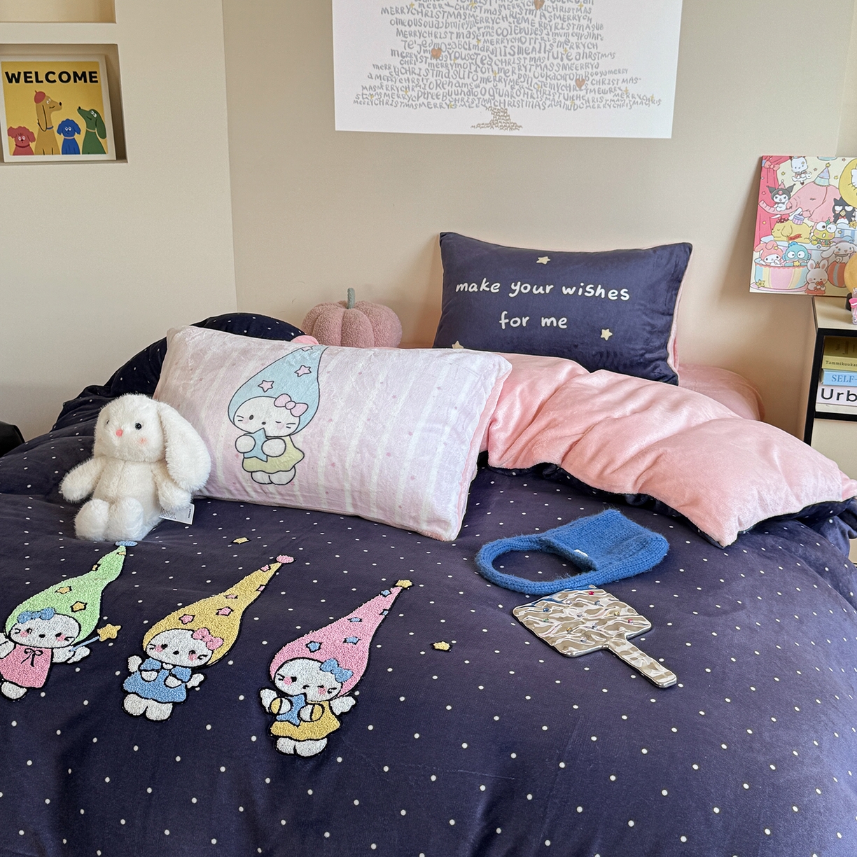 91家纺网 家纺一手货源 找家纺 美乐迪家纺 2025新款牛奶绒卡通绣花四件套 天使猫咪