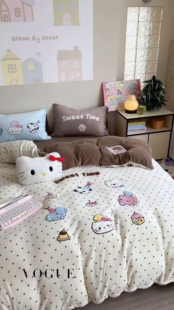 91家纺网 家纺一手货源 找家纺 美乐迪家纺 2025新款牛奶绒卡通绣花四件套 甜趣卡通