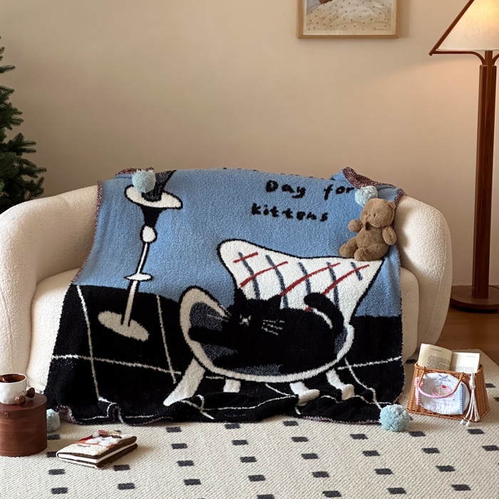 91家纺网 家纺一手货源 找家纺 Sweet dreams甜梦 2025新款轻奢高端毛球款半边绒针织毛毯 猫咪花瓶