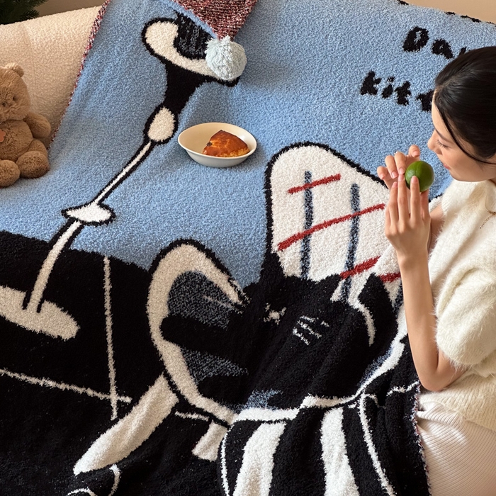 91家纺网 家纺一手货源 找家纺 Sweet dreams甜梦 2025新款轻奢高端毛球款半边绒针织毛毯 猫咪花瓶