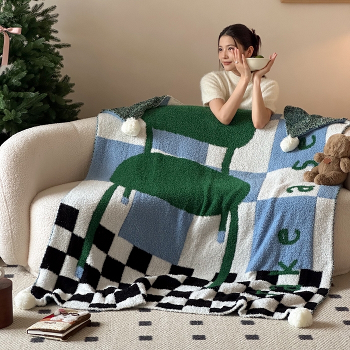 91家纺网 家纺一手货源 找家纺 Sweet dreams甜梦 2025新款轻奢高端毛球款半边绒针织毛毯 绿格子椅子