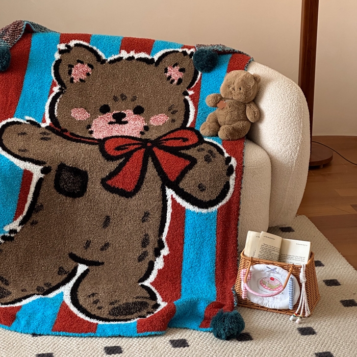 91家纺网 家纺一手货源 找家纺 Sweet dreams甜梦 2025新款轻奢高端毛球款半边绒针织毛毯 蝴蝶结小熊