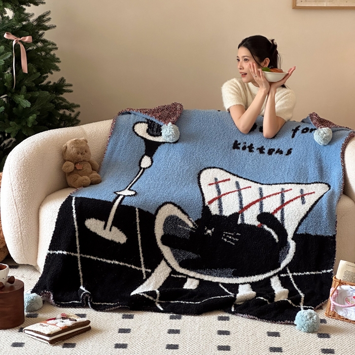 91家纺网 家纺一手货源 找家纺 Sweet dreams甜梦 2025新款轻奢高端毛球款半边绒针织毛毯 猫咪花瓶