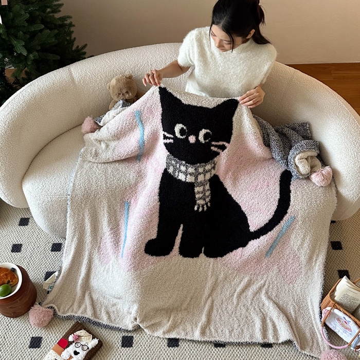 Sweet dreams甜梦 2025新款轻奢高端毛球款半边绒针织毛毯 黑猫的梦想