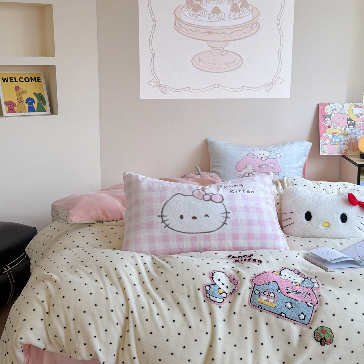 91家纺网 家纺一手货源 找家纺 美乐迪家纺 2025新款牛奶绒卡通绣花四件套 猫咪小屋