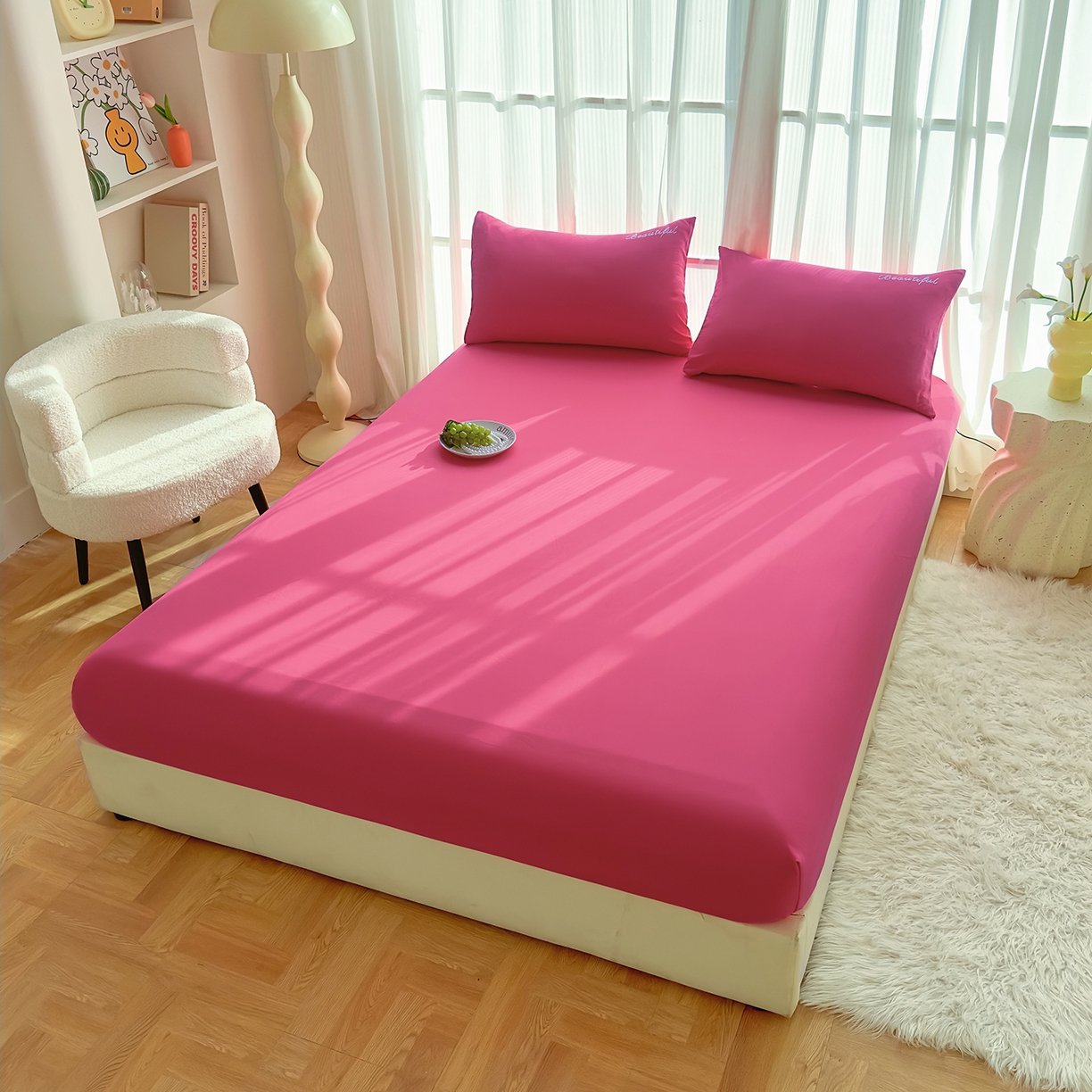 91家纺网 家纺一手货源 找家纺 灿哈 2025新款烫钻蕾丝花边水洗棉四件套 玫瑰红